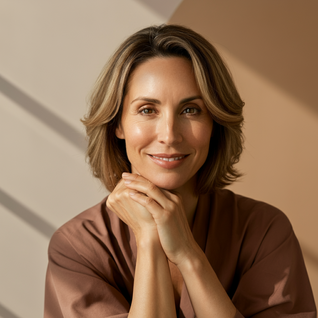 Illustrative medspa-style portrait generated to match the site's warm ivory, rose, and espresso palette; not a photo of a specific real patient.